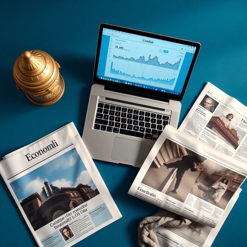 Editoriální fotografie tištěných ekonomických zpráv a laptopu s datovým dashboardem